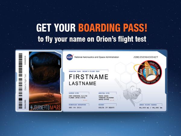 Send your name to ride aboard <a href="/NASA/">NASA</a> spacecraft. Join #Orion on the #JourneyToMars go.usa.gov/vcpz