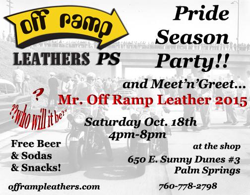 offrampleathers's tweet photo. CUM SEE us Sat. Oct 18th 4pm-8pm.  Off Ramp's Leather Pride party &amp; meet our 2015 contestant.  Free drinks &amp; snacks. http://t.co/JEA7ygn3sS