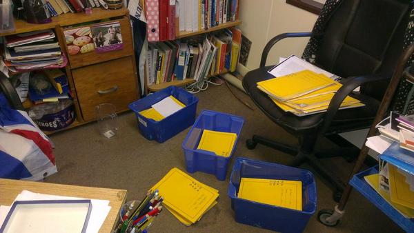 MrsThorne's tweet image. The scene behind my desk. You can tell it&apos;s assessment week #explaininmoredetail #arguebothsides #referencesources