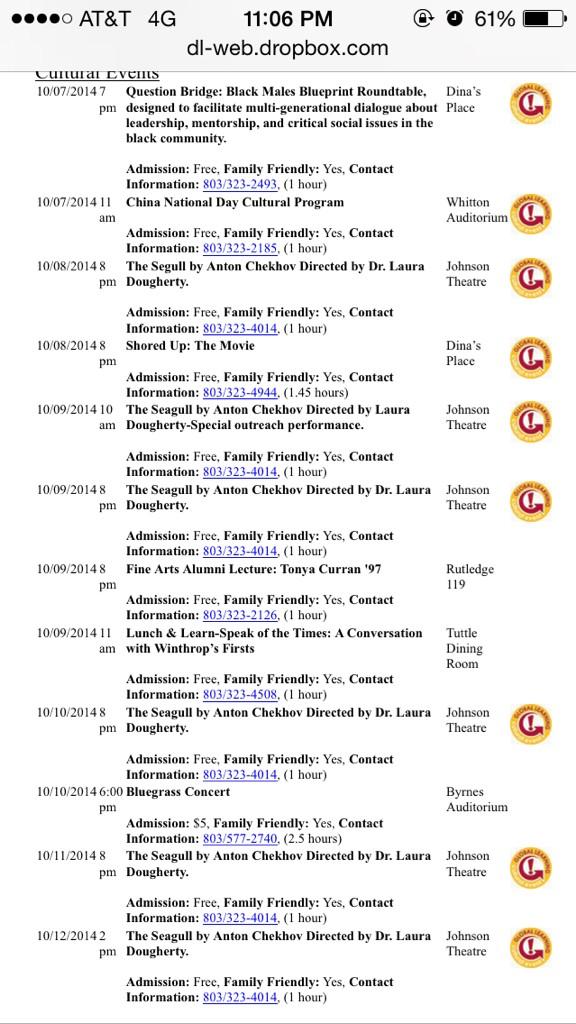 WinthropACAD023's tweet photo. Here are the cultural events for this week. Hope everyone has a great rest of the week! http://t.co/cKdInYYTYw