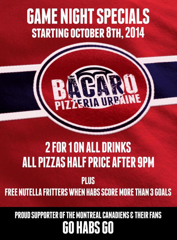 Habs Season Opener Tomorrow. Come cheer on the Habs at Bacaro while enjoying our Game Night Specials. #montreal #habs