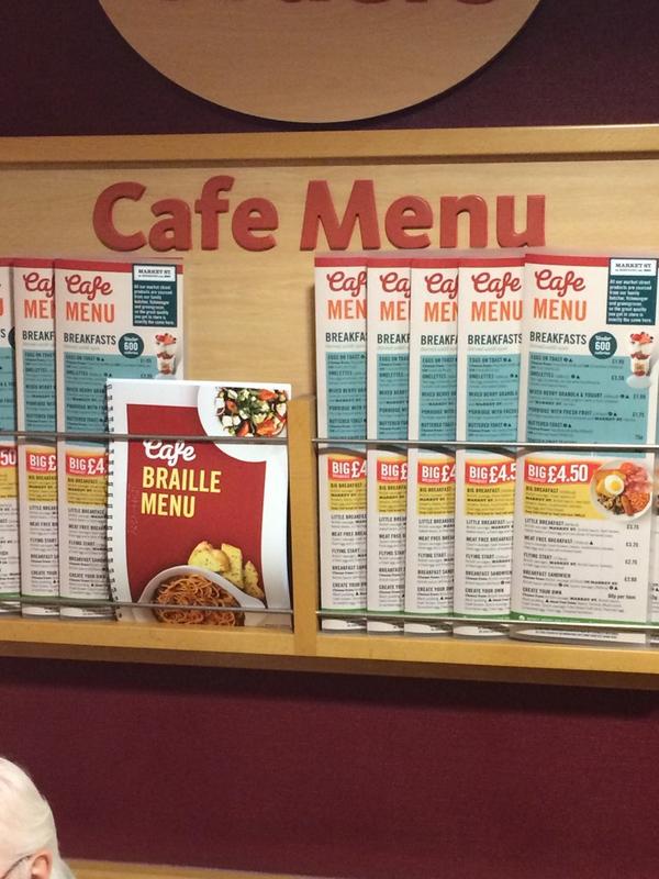 RNIB_campaigns's tweet photo. Great to see Braille cafe menu in Sutton branch of @Morrisons this morning whilst meeting a campaigner for coffee! http://t.co/EhDP96puHV