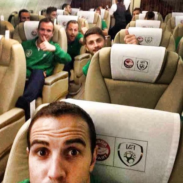 Plane selfie number 2 from last night courtesy of our centurion and man of the hour, John O'Shea! #GerIrl #COYBIG  🍀