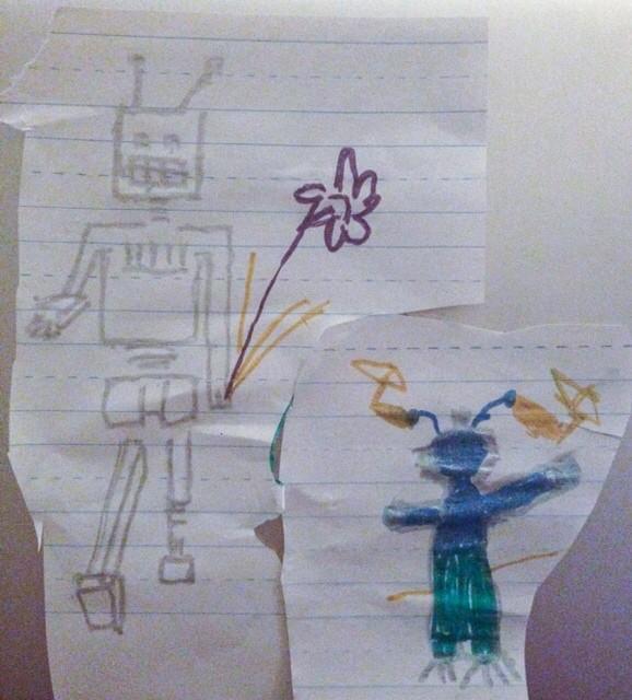 JuliaHensley's tweet photo. I drew a robot for my niece and she copied it. I want her version on a t-shirt! #hitechdesign http://t.co/GH2P8UzN29