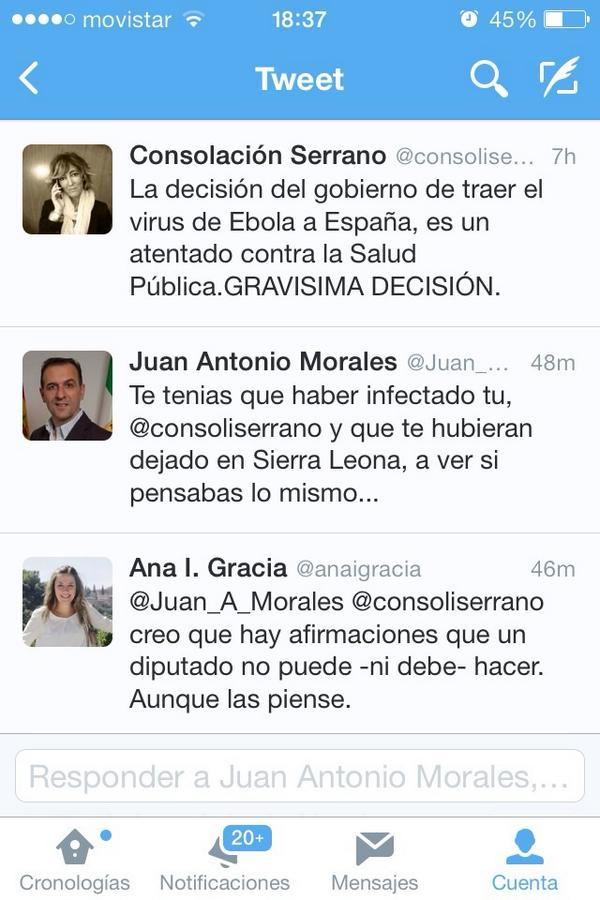 sofiacostab's tweet image. ¡Flipante! Un diputado del PP le desea a una diputada del PSOE que ojalá se hubiera infectado ella de ébola #PPfail