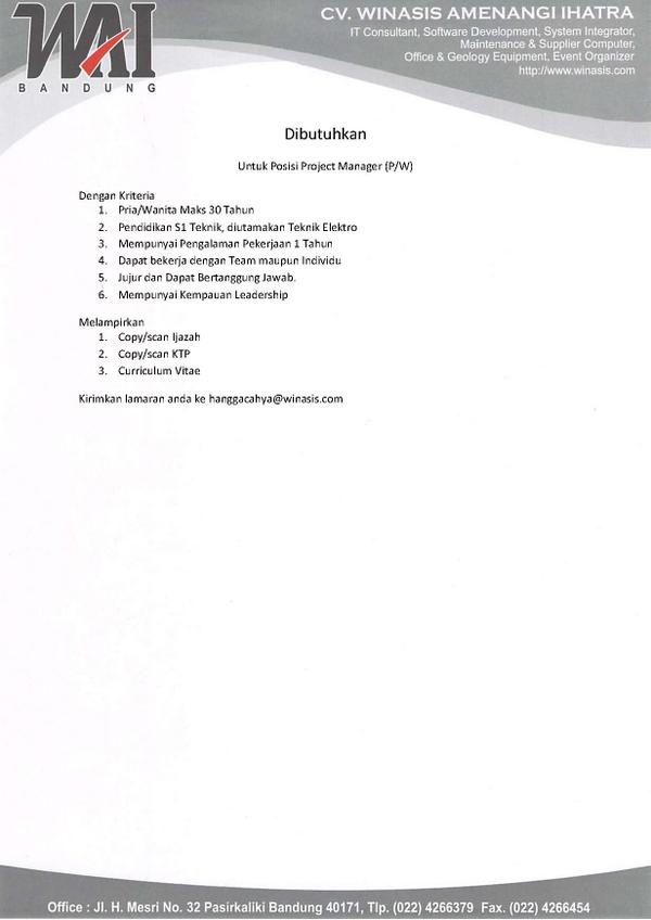 lowongan pekerjaan dibutuhkan untuk posisi Project manager <a href="/infojakarta/">@InfoJakarta</a>