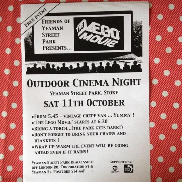 appetitestoke's tweet image. Free outdoor cinema event Sat 11 Oct, Yeaman Street Park, Stoke!  
Showing 'The Lego Movie'
Wrap up &amp;amp; bring blankets!