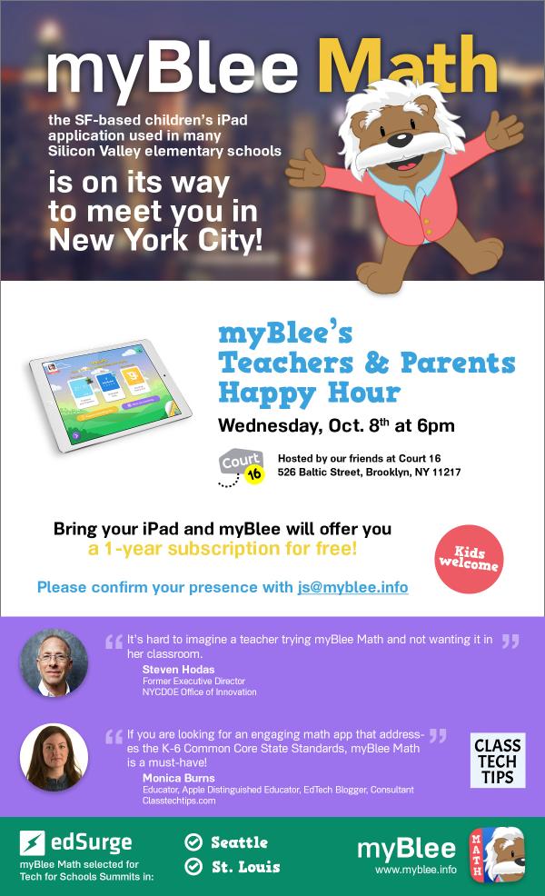 A reminder to come and discover myBlee Math--the educational #app for children, tonight at 6 pm in New York. #edtech