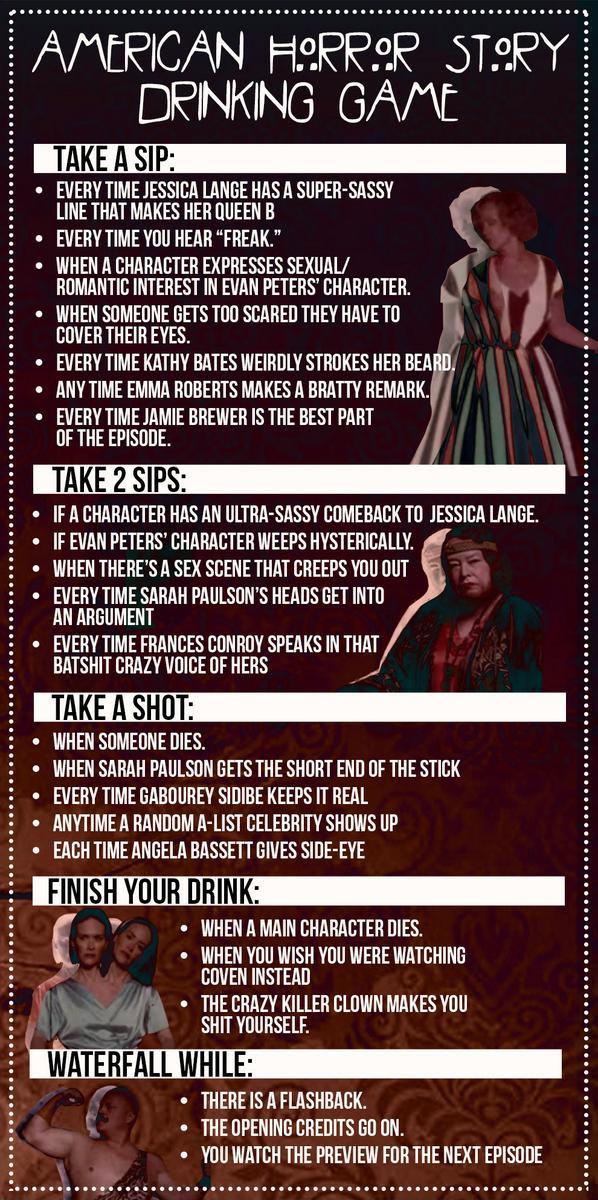 BuzzFeed's tweet photo. The “American Horror Story” Drinking Game You’ve Always Needed
http://t.co/RTMauYX5bi http://t.co/sHJsEf8xXH