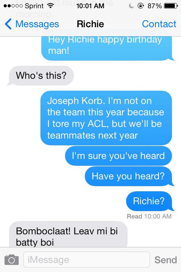 boringjoekorb's tweet photo. Texted our new striker, Richie for his birthday today. Can't wait for next year, he's such a funny guy! #RVH #Lakers http://t.co/drCjnitvzJ