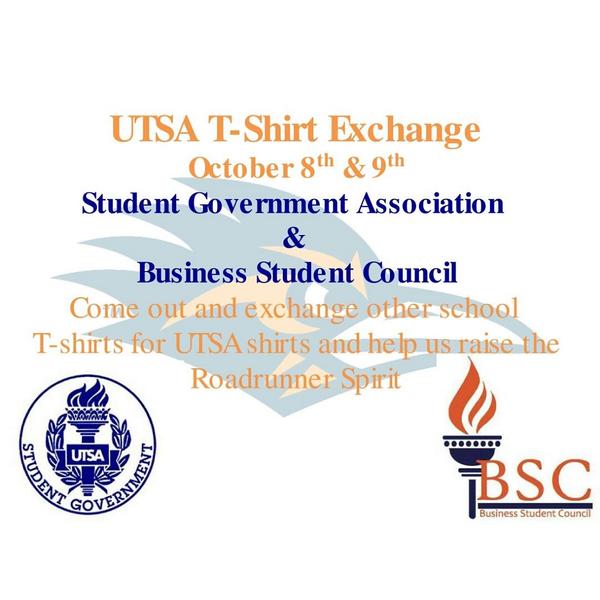 UTSABSC's tweet photo. T-shirt Exchange TODAY!!!!!!! Come out to La Sombrilla and exchange your awful burnt orange and maroon shirts! http://t.co/UHUv5nML0r