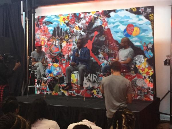 DTLRVILLA's tweet photo. President of @Jumpman23 Larry Miller, Teyana Taylor and Q Deezy discussing #AsForJs http://t.co/CsR59OZcvp