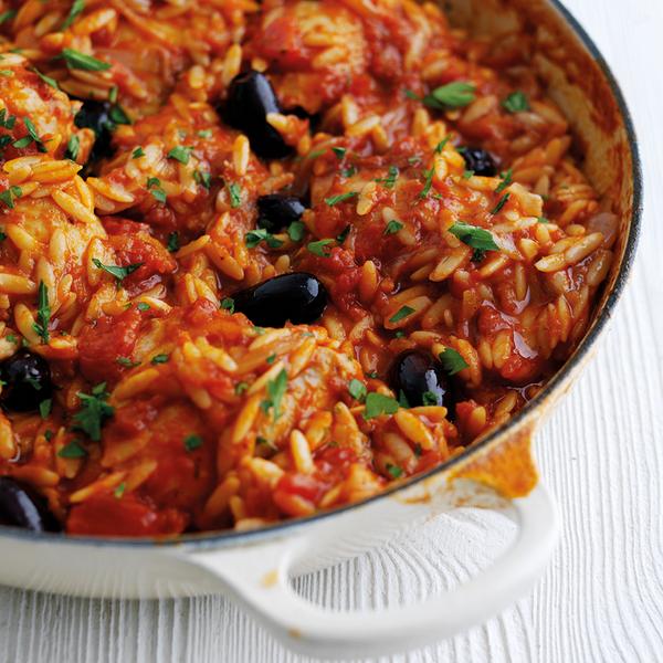 Bring some sunshine to your plate tonight with this Chicken, Olive, and Orzo bake. #recipeaday bit.ly/1oBl1La