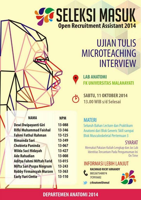 Selamat atas lolos nya seleksi berkas calon asst anatomi 2014 cc <a href="/FKUNIMAL13/">FKUNMAL13</a>