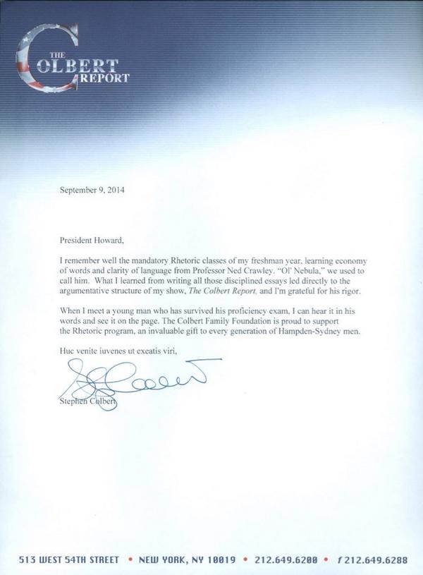 HSCSGA's tweet image. A letter from former Hampden-Sydney College student, Stephen Colbert.