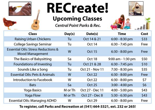 Upcoming Classes: Remember to sign up early by calling (541) 664-3321, ext. 265!