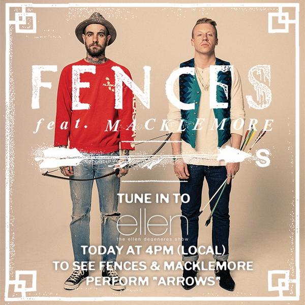 macklemore's tweet photo. Today! Ill be on @theellenshow performing ARROWS with @FFEENNCCEESS http://t.co/r9FmgB3fNp