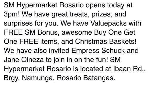 TeamJanePEX's tweet photo. Opening pala ng SM Hypermarket later! Batangas peeps, dun na po kayo mag-grocery! 👍😊 

Jane Oineza Invades Batangas http://t.co/41YUMoO3hh