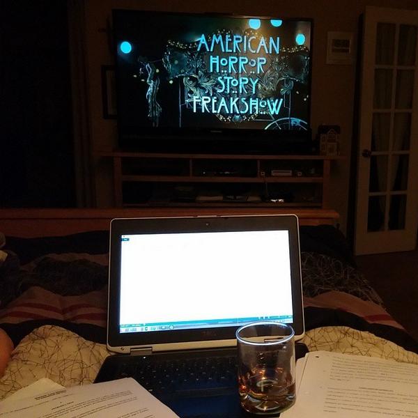 LawSchoolME's tweet image. A little post midterm treat. A glass of whisky and American horror story! #americanhorrorstory #freakshow #midter...