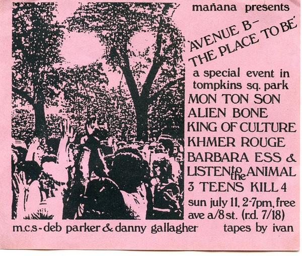 UtMusicNow's tweet photo. When the town was down 21: #3TeensKill4, Barbara Ess, Khmer Rouge etc play Tompkins Sq Park, 1982, via @JesseHultberg http://t.co/6hKU2q6bAy