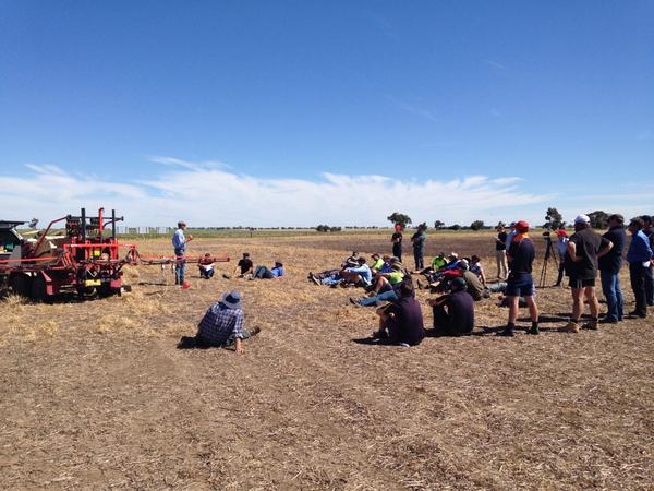 FarmerCamTaylor's tweet photo. Craig Day talking @BCG_Birchip Nhill crop walk on spraying into heavy stubble @theGRDC #stubbleproject http://t.co/Uj1RN6avle