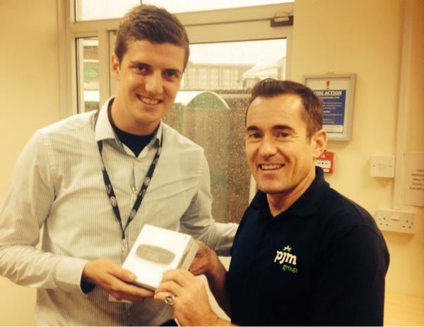PJMGroupLtd's tweet photo. Terry Burns &amp; JLR comp winner Daniel! New Nike Fuel band for when he cycles to Park &amp; Ride. #notinthisweather http://t.co/bfpl8Bd2jd