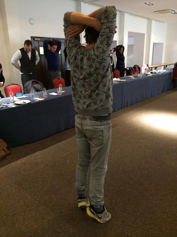 BniEnigma's tweet image. He wanted to capture us stretching, so led us in a series of exercises. All good fun. And if it helps him, great!