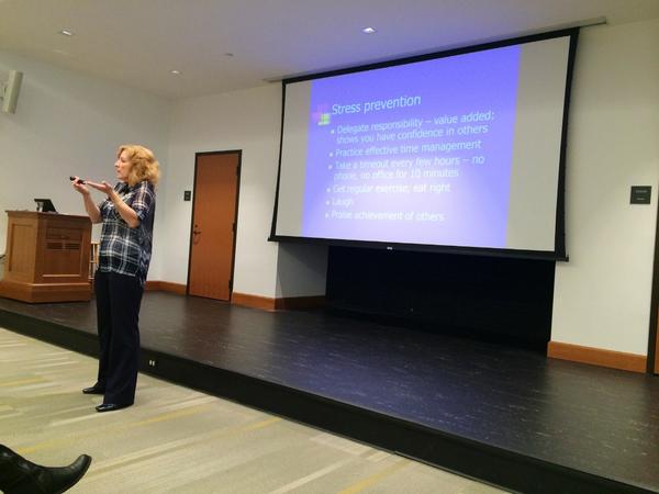 MaristELP's tweet photo. "If you can't change the stressor, change yourself." Beth Quinn shares her insight on stress management #ELPworkshops http://t.co/ORqldM5Drp