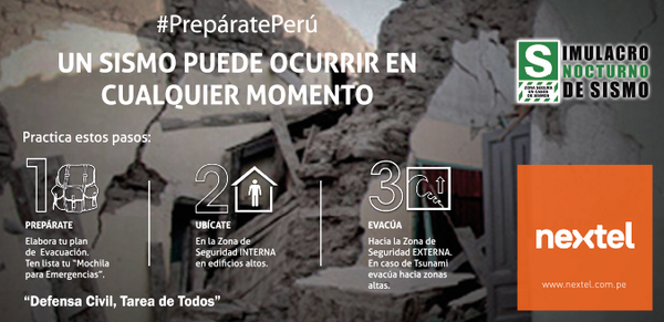 NextelPeru's tweet photo. Participa en el Simulacro Nacional por Sismo y Tsunami HOY, 9 de 
octubre, a las 8 pm. Defensa Civil, Tarea de Todos http://t.co/fO6a7mpcWE