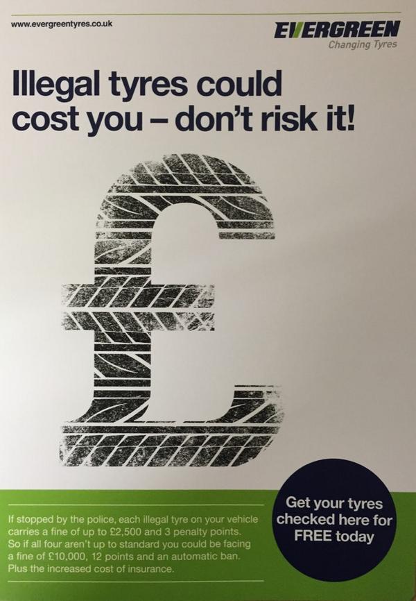 TomTullyTyres's tweet photo. If stopped by the police, each illegal tyre on your vehicle carries up to £2500 and 3 penalty points. Don't risk it http://t.co/7oQpyHQSdx