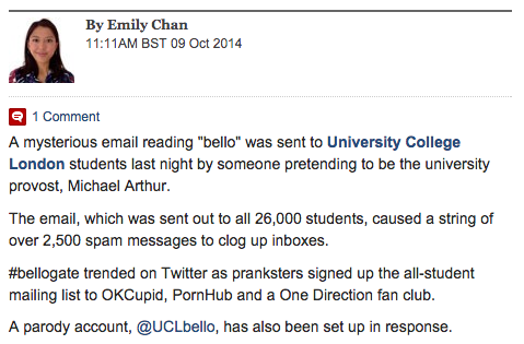 UCLBello's tweet photo. We're also in the Torygraph! #bello #bellogate http://t.co/j3thq4l8tQ