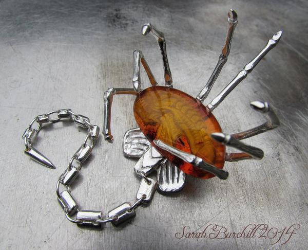 Silver And Amber Alien Facehugger Brooch