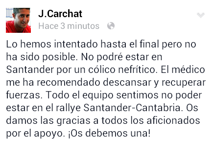 MundoRallyes's tweet photo. #CERA - Joan Carchat no podrá estar presente en el @rallyesantander, debido a problemas de salud. Su comentario: http://t.co/kUyNwSUnGd