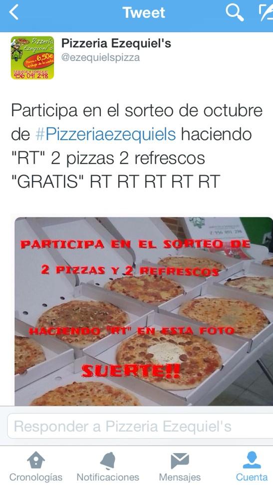 ezequielspizza's tweet photo. Más de 90 participantes! RETUITEA!Esta foto y entra en el sorteo de @ezequielspizza 2 pizzas y 2 refrescos GRATIS! RT http://t.co/DKhMBK2qK8