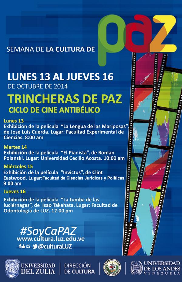 Cuatro películas se proyectarán en el Ciclo de #CineAntibélico de la Semana de #CulturadePAZ.