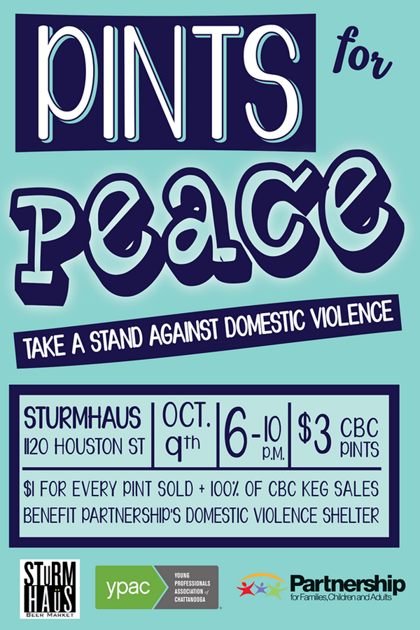 visitchatt's tweet photo. Come help raise money for @partnershipfca's domestic violence program tonight at #PintsForPeace at @SturmHausBeer! http://t.co/DvJMeX3HWP