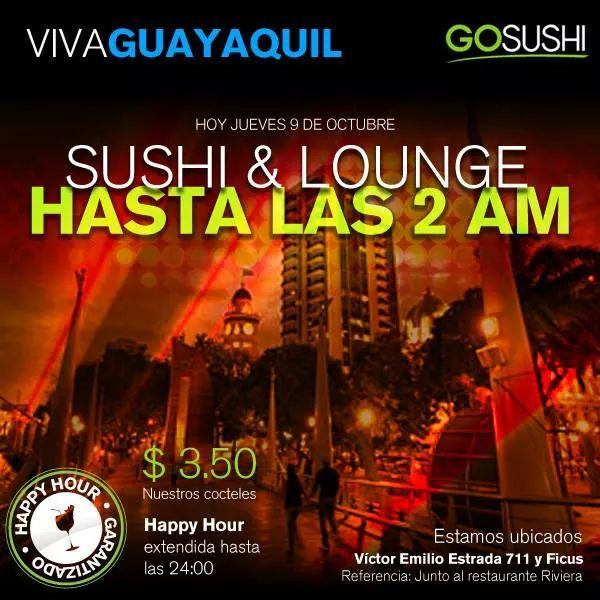 GoSushiEc's tweet photo. Viva #Guayaquil en Gosushi Lounge
Estamos en Victor Emilio Estrada 711 y Ficus. 
Reservaciones: 045129062 http://t.co/pbTd0oHhhs