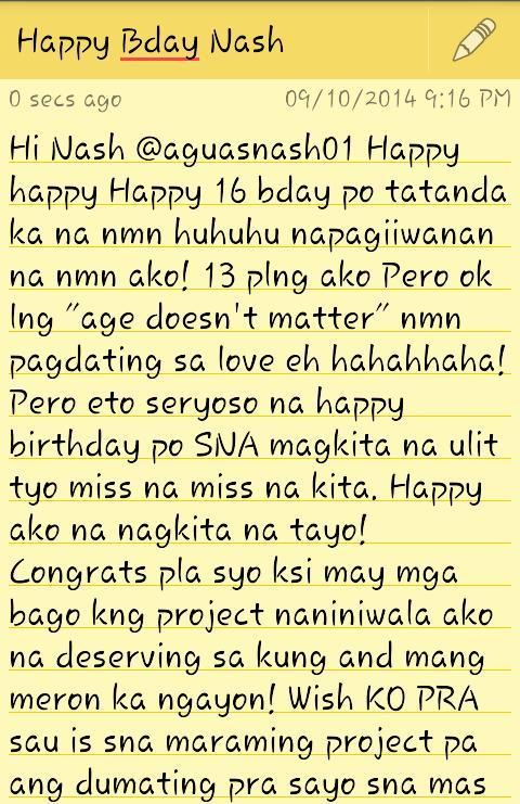 Happy 16th bday nash aguas :) SNA mabasa mo to! 