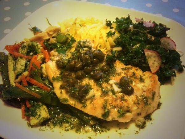 Healthy-ish dinner. Chicken with caper and lemon sauce. Pasta, steamed veg with herbs and raw kale and radish salad.