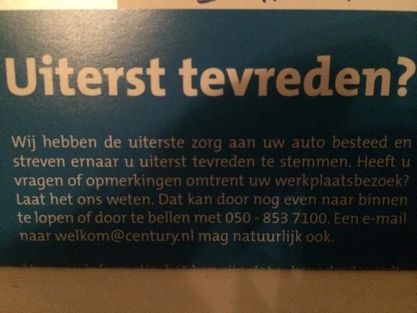 Wederom #uitersttevreden bij <a href="/Audi_Century/">Century Autogroep</a> . Bedankt, heren van de werkplaats! #beurt #top <a href="/Audi/">Audi USA</a>