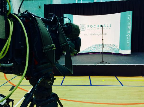 RochdaleCouncil's tweet photo. The stage is set at Heywood Sports Village. Keep tuned to #HeyMidElection for the latest updates. http://t.co/LY7iZyxhV5