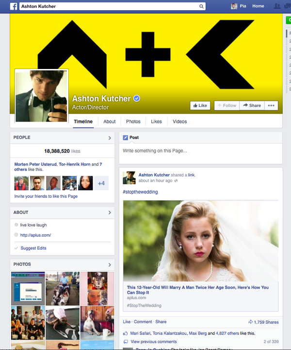 Nå har til og med Ashton Kutcher <a href="/aplusk/">ashton kutcher</a> engasjert seg i årets jenteaksjon i regi av <a href="/PlanNorge/">Plan International Norge</a> #stoppbryllupet