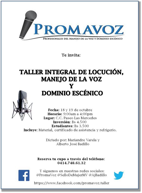 PROMAVOZ's tweet photo. No pierdas la oportunidad de asistir a nuestro Taller Integral de Locución y Dominio Escénico este 18 y 19 de octubre http://t.co/DkbuVxFeGh