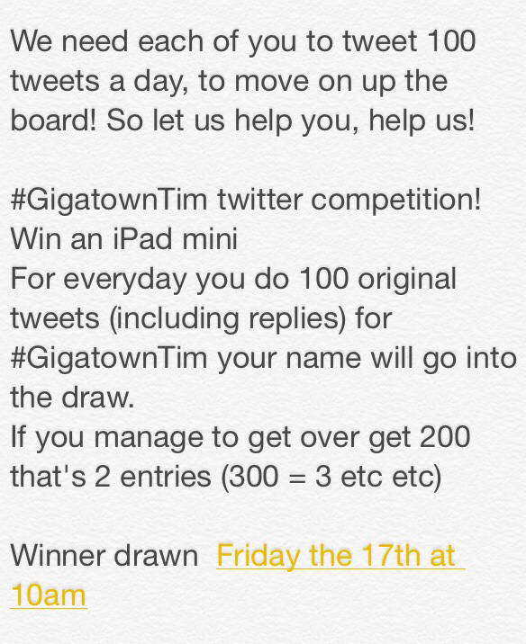 GigatownTimaru's tweet photo. Tweeple, this ones for you! We are giving you a chance to win an iPad mini too! Just for tweeting for #GigatownTim http://t.co/fLw58m3q1F