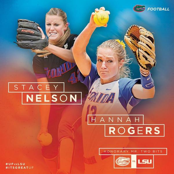 TampaGatorClub's tweet photo. Awesome - 2 Gator Greats! Softball stars #HannahRogers and #StaceyNelson return as honorary Mr. Two Bits! #BeatLSU http://t.co/kQyvBFc2uA