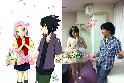 “Chie e Noriaki, dubladores da Sakura e Sasuke. &lt;3 #quekawaii” .