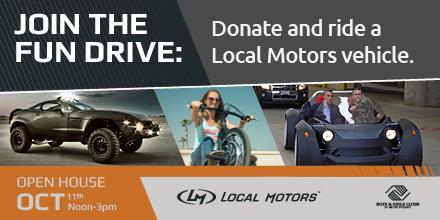 localmotors's tweet image. Don't forget! Donate to the @BAGCMP and get to ride in the #3DPrintedCar tomorrow starting at noon. See you there!