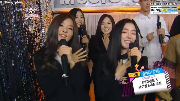 SMTownEngSub's tweet photo. Red Velvet Backstage Interview on Music Bank (2/2) http://t.co/293FnUVrJb
