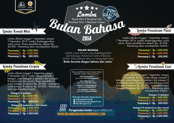 <a href="/sman5cimahi/">SMA Negeri 5 Cimahi</a> Ikuti Lomba Cerpen, Puisi, Esai, dan Komik Mini Bulan Bahasa UGM 2014. DL 7/11. bulanbahasaugm.wordpress.com