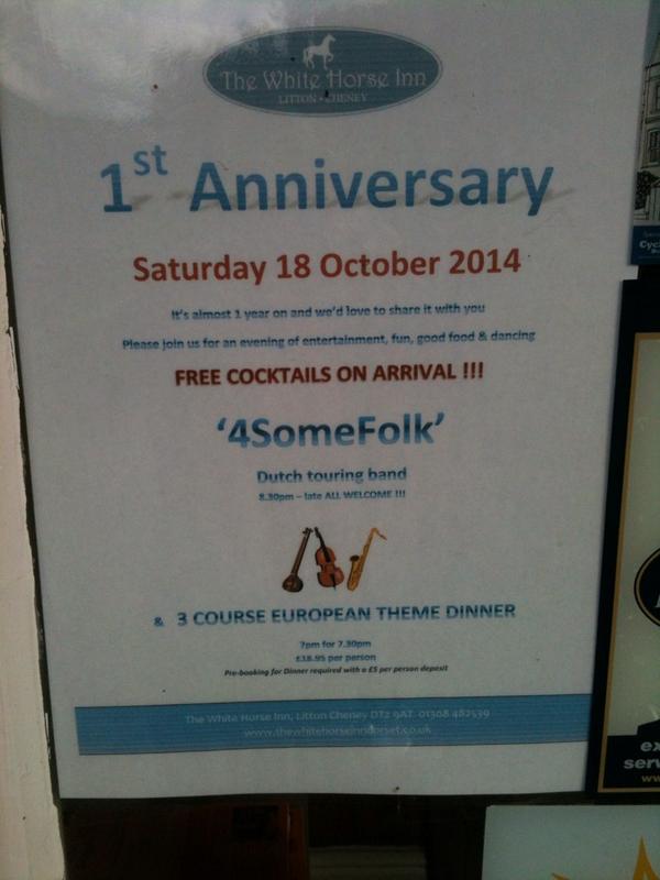 CharmouthDragon's tweet photo. Next Saturday @whitehorselc, celebrate Europe &amp; a pub's anniversary! 3 courses and Dutch folk group @4SomeFolk http://t.co/zl08UX0oZD